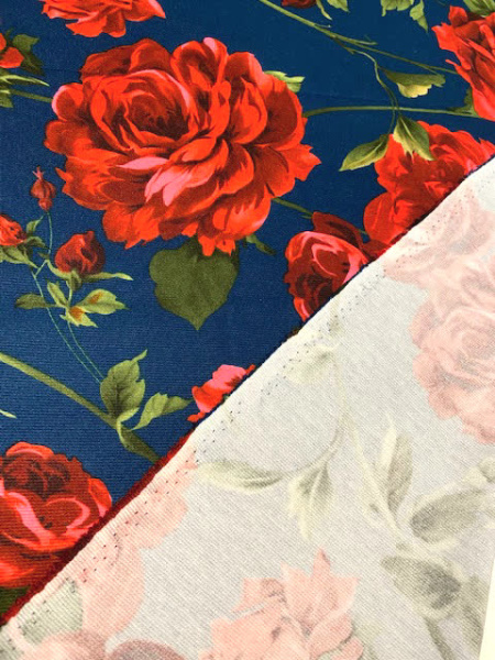 Трикотаж (милано) КРАСНЫЕ РОЗЫ синий полотно