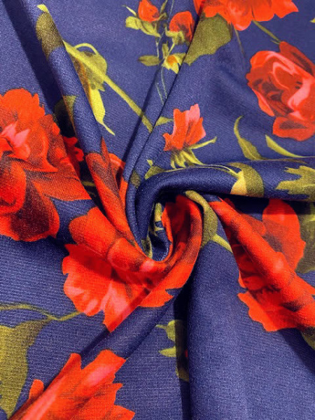 Трикотаж (милано) КРАСНЫЕ РОЗЫ синий полотно