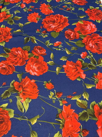 Трикотаж (милано) КРАСНЫЕ РОЗЫ синий полотно
