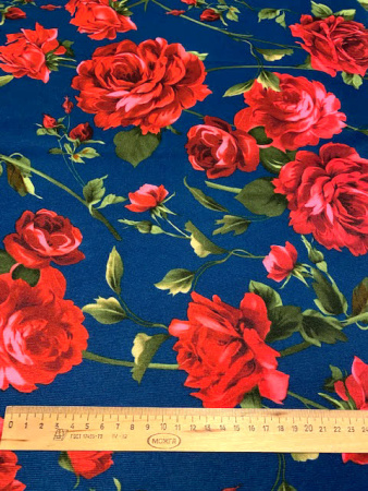 Трикотаж (милано) КРАСНЫЕ РОЗЫ синий полотно