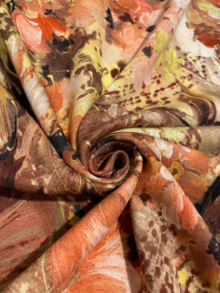 Трикотаж (Водолаз) "Времена года - Осень" кораллово-персиковый трикотажная ткань