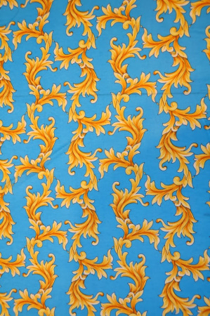 Трикотаж  ЗОЛОТЫЕ ЗАВИТКИ на голубом фоне 4